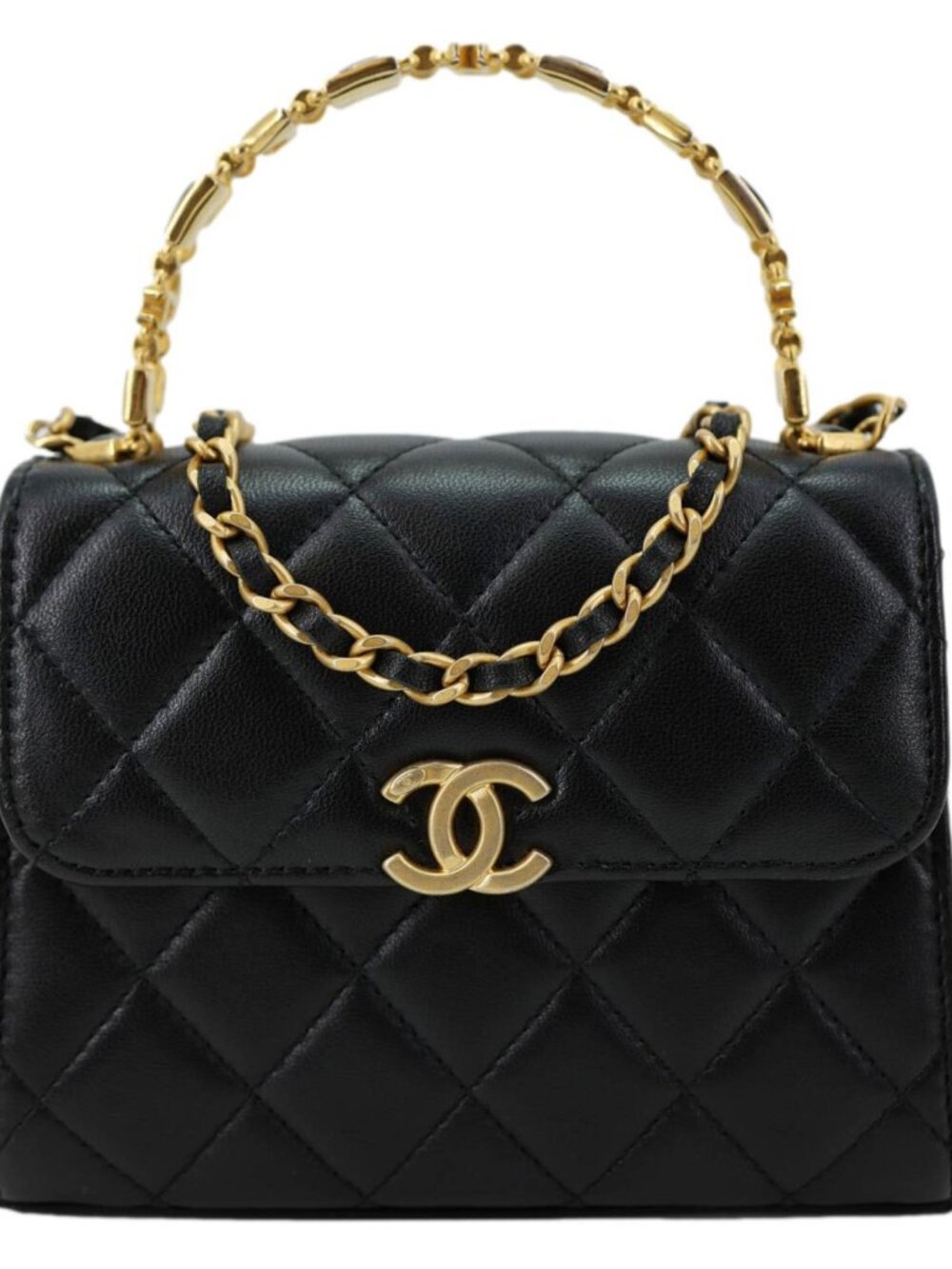 Chanel  Enamel Top Handle Flap Quilted Lambskin Leather Crossbody Bag Blac